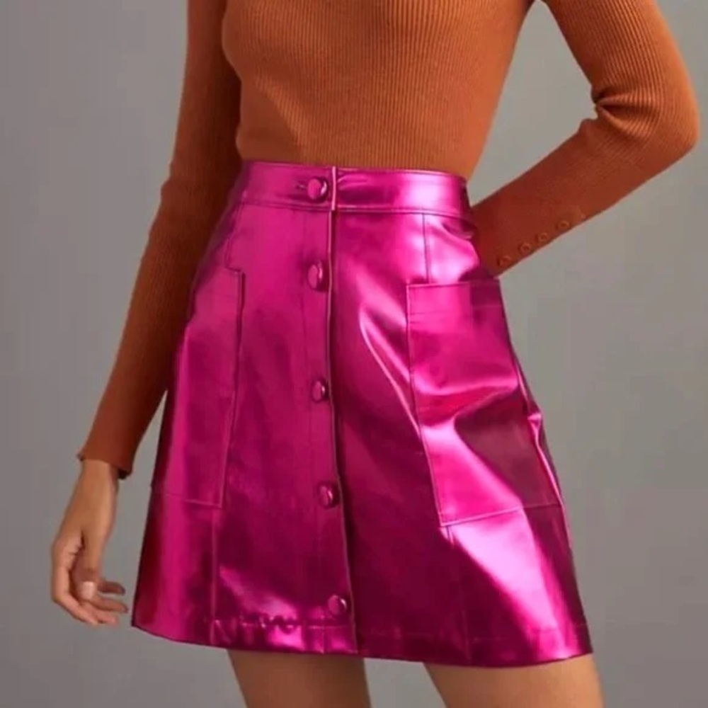 Maeve Metallic Pink Faux Leather skirt
